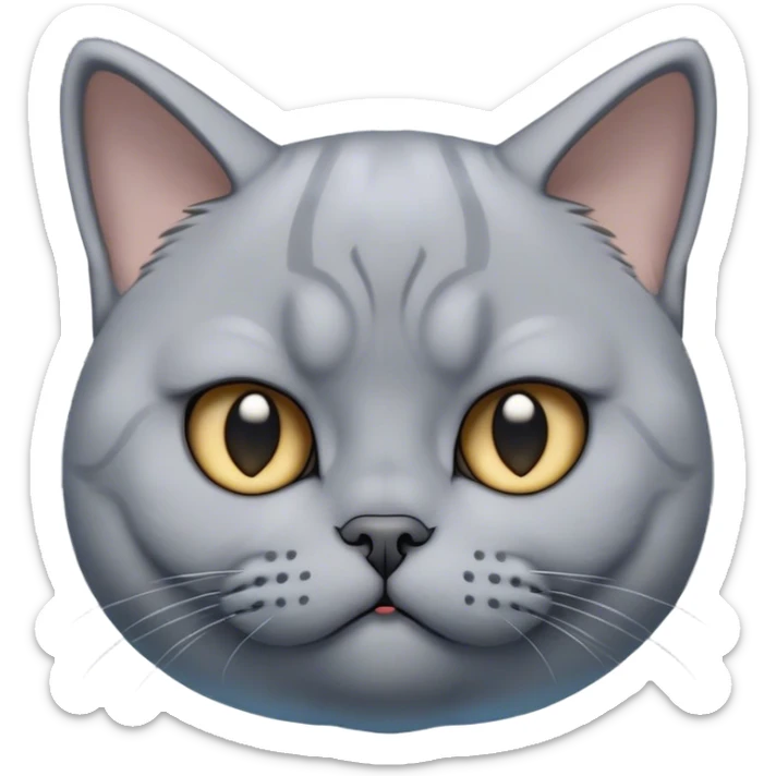 Cinematic Bored Grey British Shorthair Cat Portrait Emoji, Head tilted with a scrunched, utterly disinterested expression, sleek soft grey fur with subtle blue undertones, Simplified yet sharp features, highly detailed, glowing with a dull, indifferent glow, high shine, poised but exuding a sense of boredom, stylized with an air of subtle annoyance, focused yet clearly uninterested, soft glowing outline, capturing the essence of a bored yet adorably snarky kitty, so lifelike it feels like it could roll its eyes and sigh dramatically at any moment! sticker