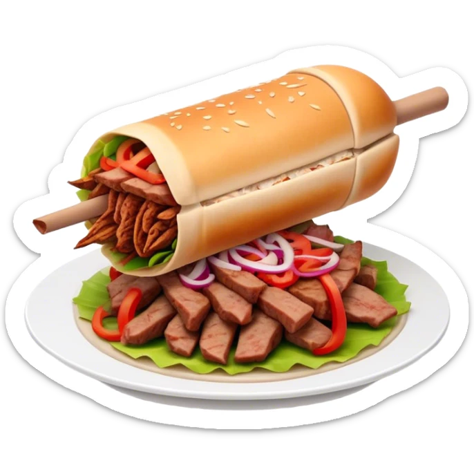 Cinematic Realistic Doner Kebab Dish Emoji, showcasing succulent, spiced meat shaved from a rotating spit rendered with lifelike detail and dynamic, appetizing lighting. sticker