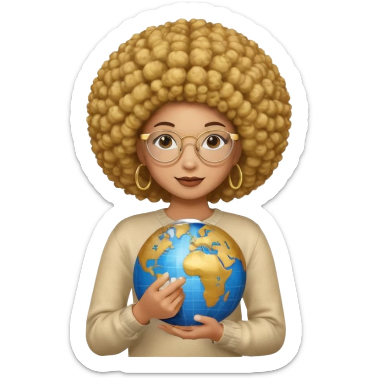 a young woman wearing gold round glasses and afro hair, she has medium/mate skin, she's wearing a sweater and she's holding a globe in her hand sticker