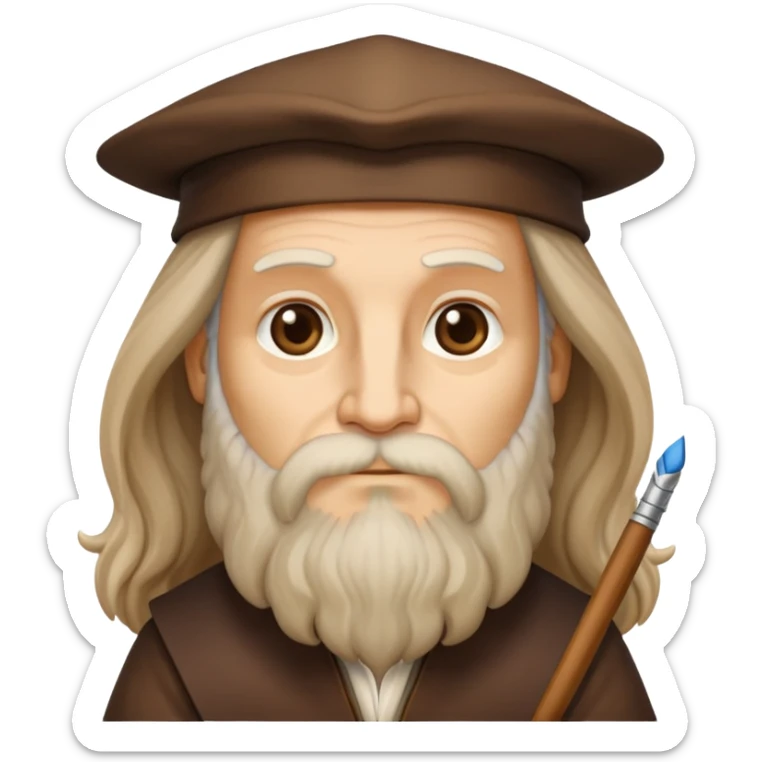 cinematic-realistic-leonardo-da-vinci-portrait-emoji,-depicted-as-the-quintessential-renaissance-polymath-with-deep,-thoughtful-eyes,-a-flowing-beard,-and-a-quill-or-sketchbook-in-hand.-the-scene-is-illuminated-with-warm,-classical-light sticker