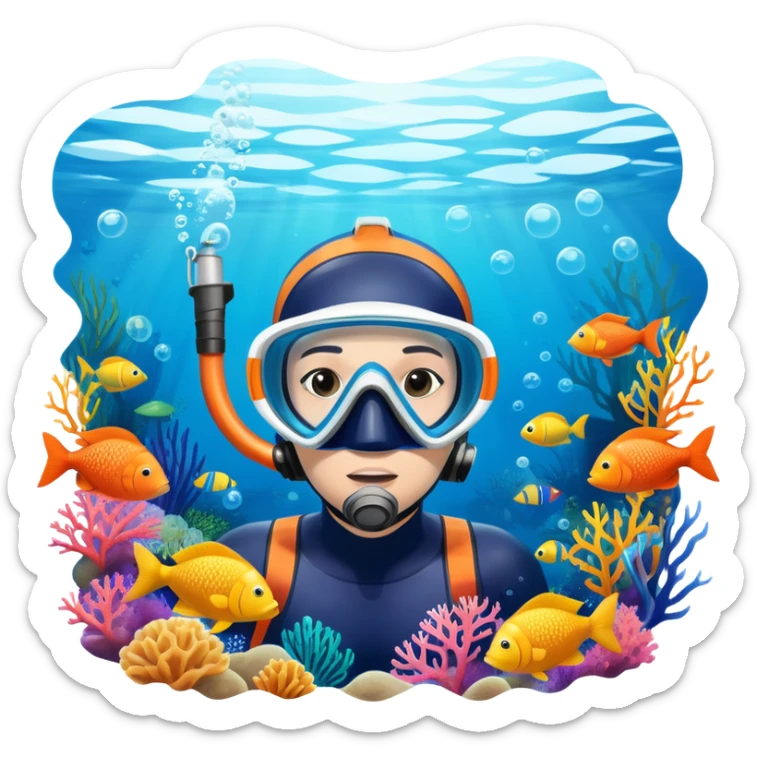 An icon featuring a close-up of a freediving mask and snorkel, with a breath-holding diver's fins, set against a vibrant underwater world. The design includes coral reefs, fish, and bubbles, symbolizing the serene beauty and thrill of freediving. Transparent background highlights the calm sticker