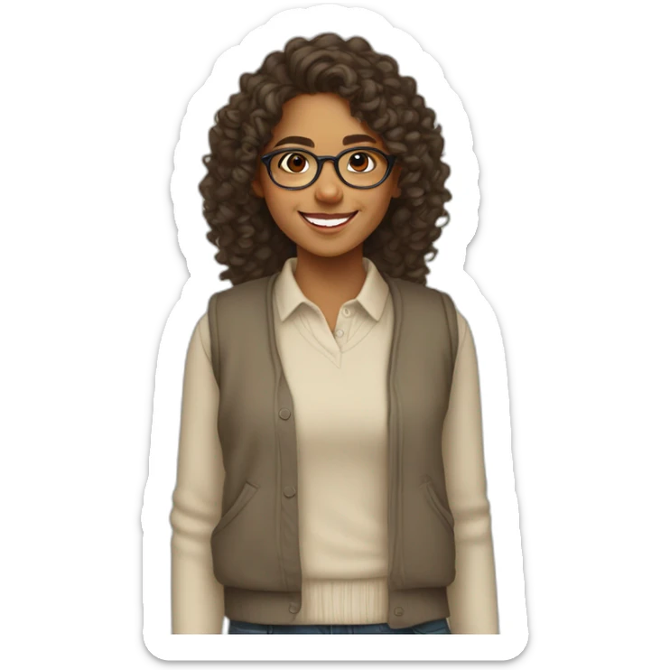 smiling indian teenage girl with curly hair and glasses wearing a collared long sleeve white shirt under a beige sweatervest sticker