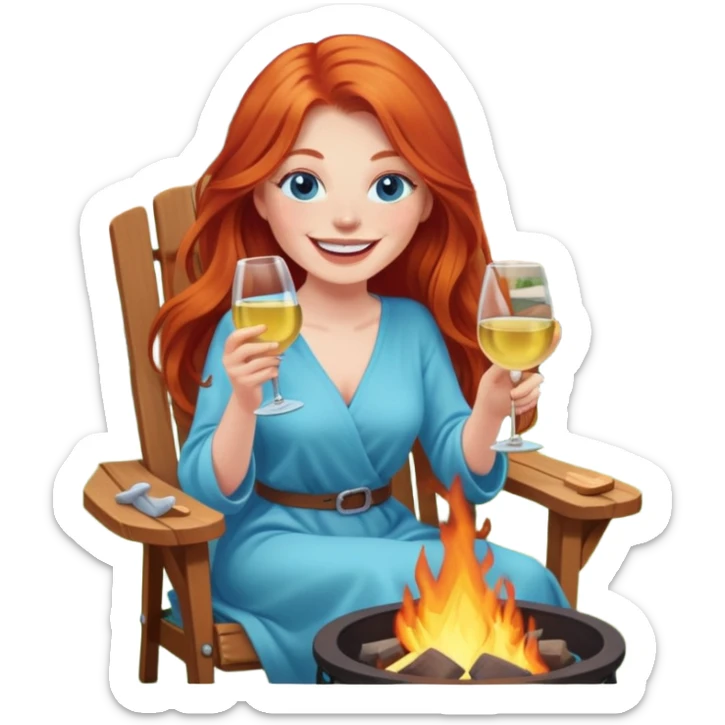Laughing redhead with long hair and blue eyes holding white wine sitting in chair beside fire pit in backyard sticker