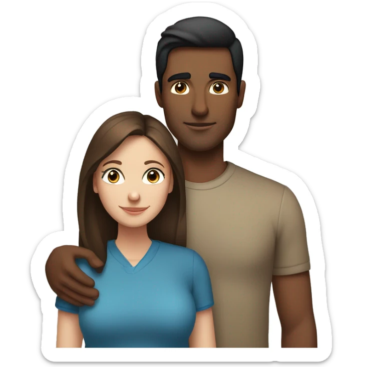 Couple embracing with arms around each other; white woman with blue eyes and brown hair, Indian man with black hair  sticker