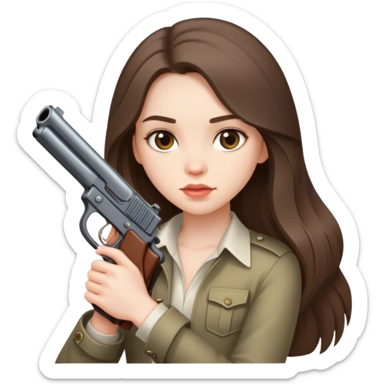 beautiful pale brunette girl with long hair with a short gun sticker