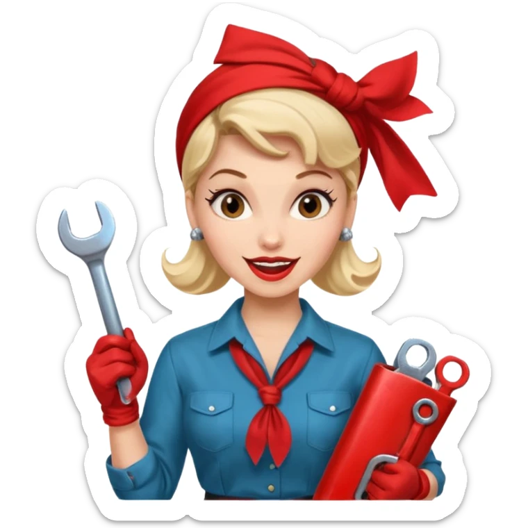 A 50ies housewife who is excited about working and is a powerwoman because she husstles a lot. A bit like the woman from Real Vintage Doll House. And the woman from We Can Do It!. Rockabilly vibe. Cartoonish perhaps? Help me :D sticker