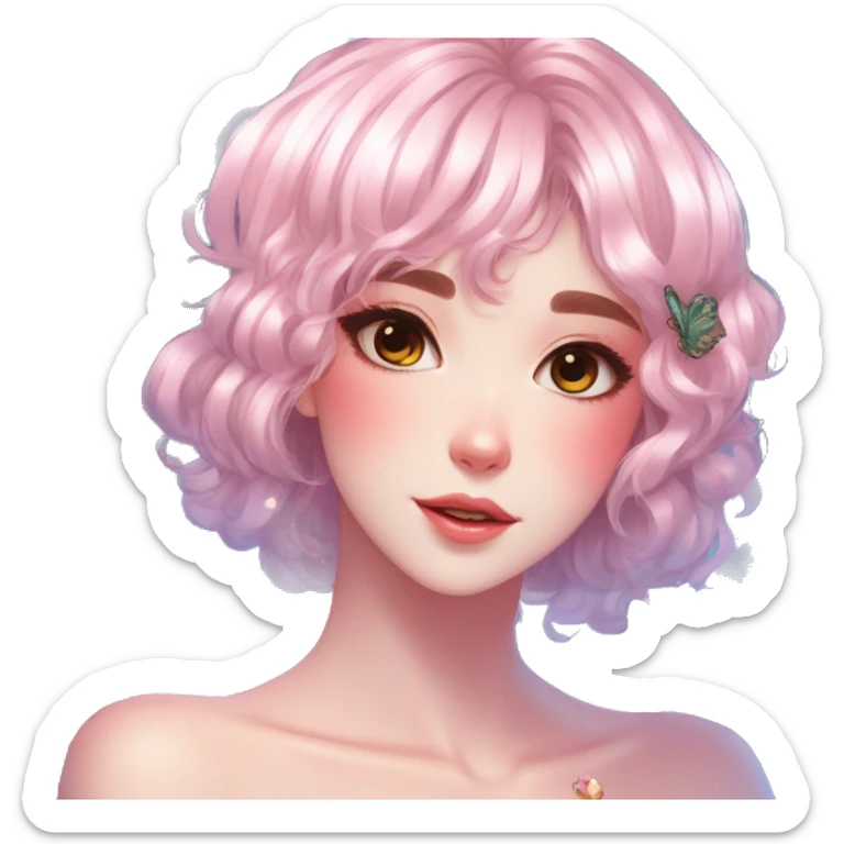 gorgeous shiny blushing anime lady with butterflies and beautiful hair fairycore high quality detailed vogue trending aesthetic sticker
