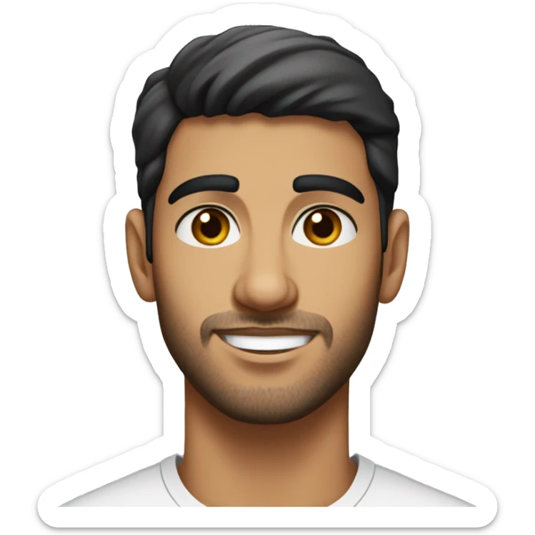 A head and shoulders shot of a 22 year old Arab man, with short black hair, with stubble facial hair,   with brown eyes wearing a t-shirt. sticker