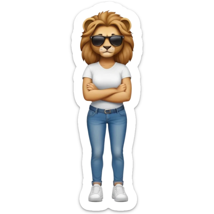 female lion character, full body, standing with arms crossed, wearing jeans, white t-shirt, trainers, dark sunglasses, strong and determined look sticker