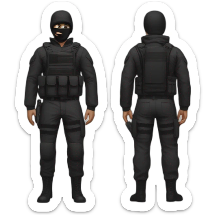 Poker face man, black hair and black mouth mask and black military pants sticker