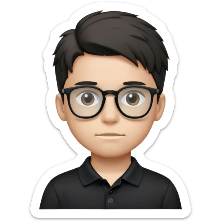 Kid in all black fit, black polo shirt with first 2 buttons untied and glasses greasy hair brushed to back sticker