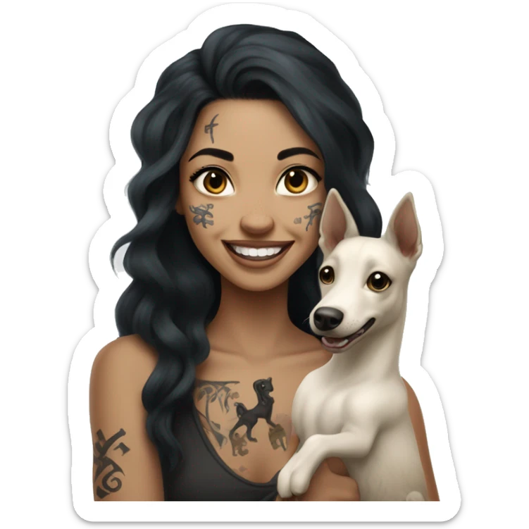 light skin woman with a face tattoo of a cross and long wavy black hair expressing joy alongide a white miniature kelpie sticker