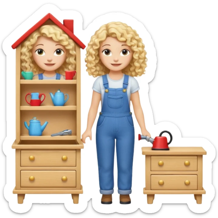 smiling blonde curly woman arranging furniture in doll house with overalls sticker