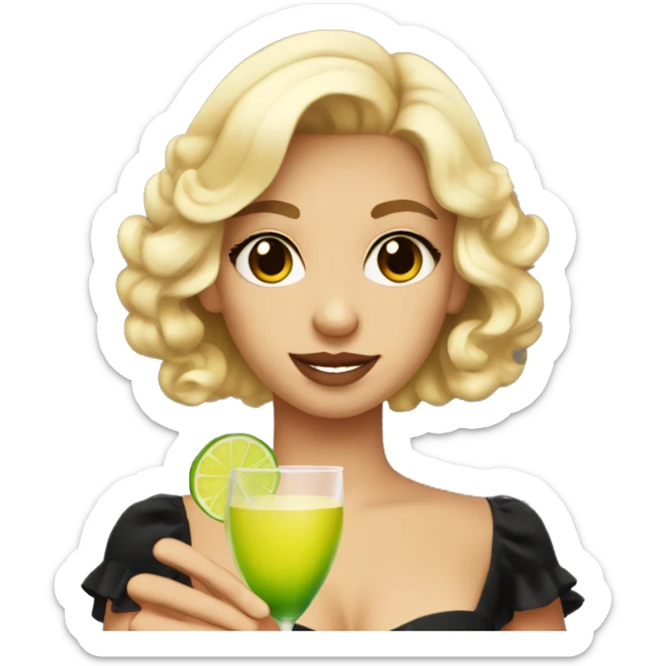 Blonde girl bright brown eyes holding a margarita in short black dress sticker