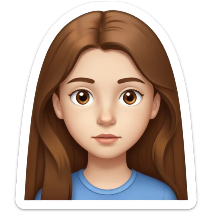 A 12-year-old girl with very long brown hair, light brown eyes, medium thick eyebrows, slightly big lips, a small freckle on her cheek and another small freckle under her eye sticker