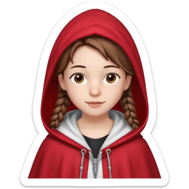 A 12-year-old girl, with fair skin, freckles, and a warming smile that shows her pale pink lips. She has big brown eyes and normal eyebrows. Her brown hair is styled in French braids that reach her breasts. She wears a bright red hooded cloak with the hood drawn over a pretty white tank top. sticker