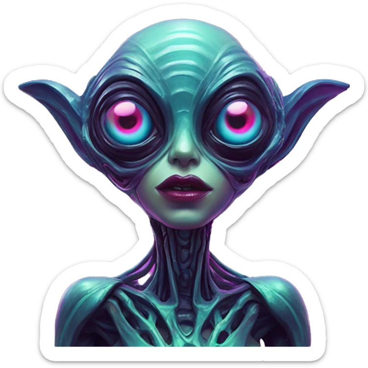 Synthwave alien in Russian style, oil paint, epic eyes, intricate lips, exquisite pose, beautiful, desirable, logical, Midsommar  sticker