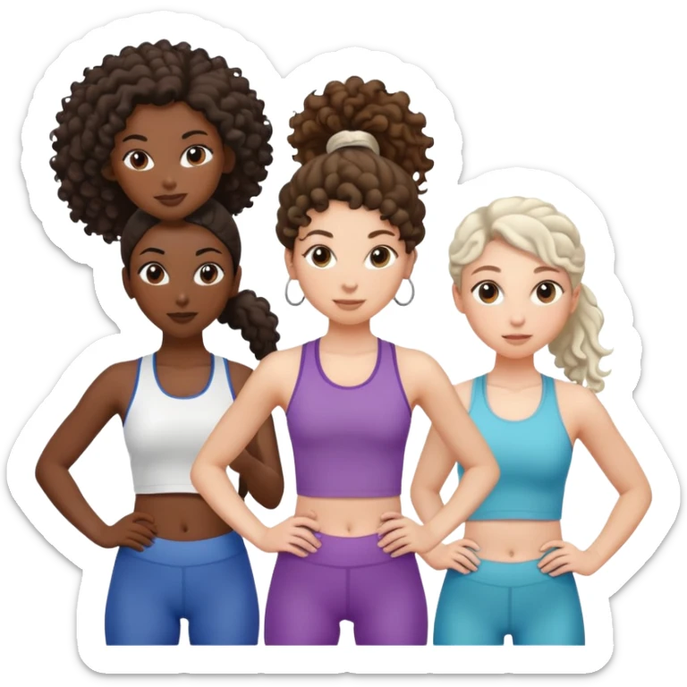 three women friends exercising together, one black woman with curly brown hair, one pale white woman with curly brown hair, and one pale white woman with straight brown hair in a ponytail sticker