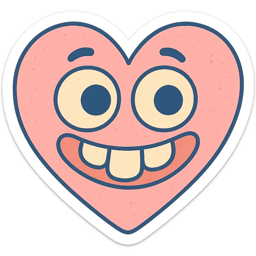 funny children's drawing of a heart with big eyes and a silly grin, pastel colors sticker