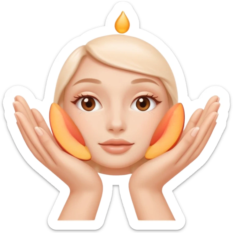 Minimal emoji of 2 hands gently applying skincare cream, soft nude and peach tones, clean beauty aesthetic, calm and elegant, subtle glow sticker