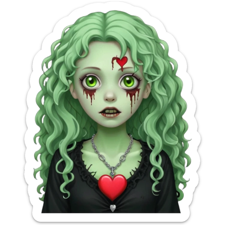 a green zombie girl with a scar on her face, long curly hair, wearing a black blouse and a silver necklace with a heart pendant. sticker