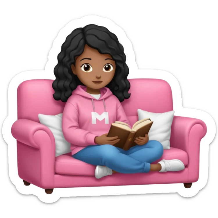 Una chica linda de cabello negro con ondas hasta los hombros de piel blanca con una sudadera rosa en un sofá cómodo y hermoso leyendo la biblia sticker