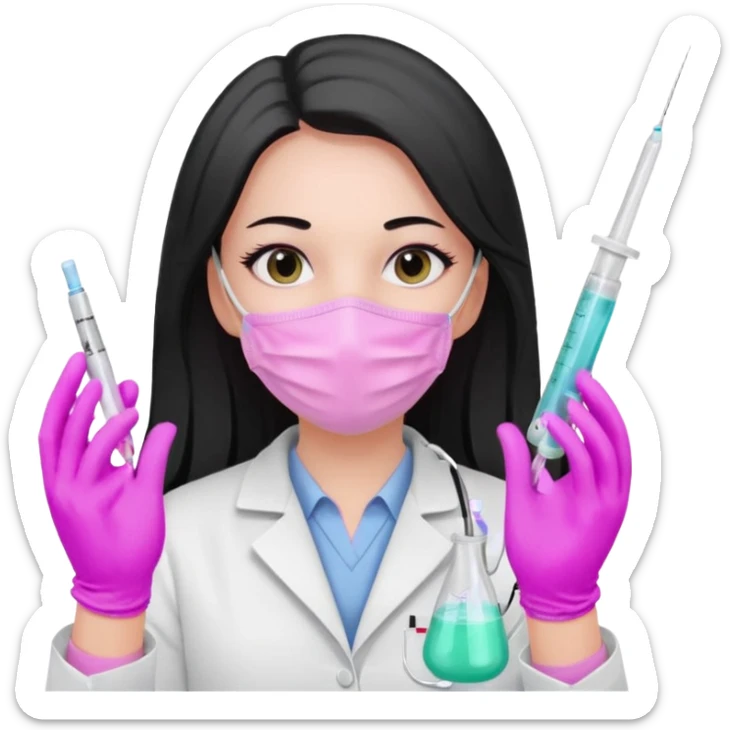 laboratorista con guantes rosa pastel y mascarilla rosa pastel jeringa tubo laboratorio sin lentes pelo lacio negro y largo sticker