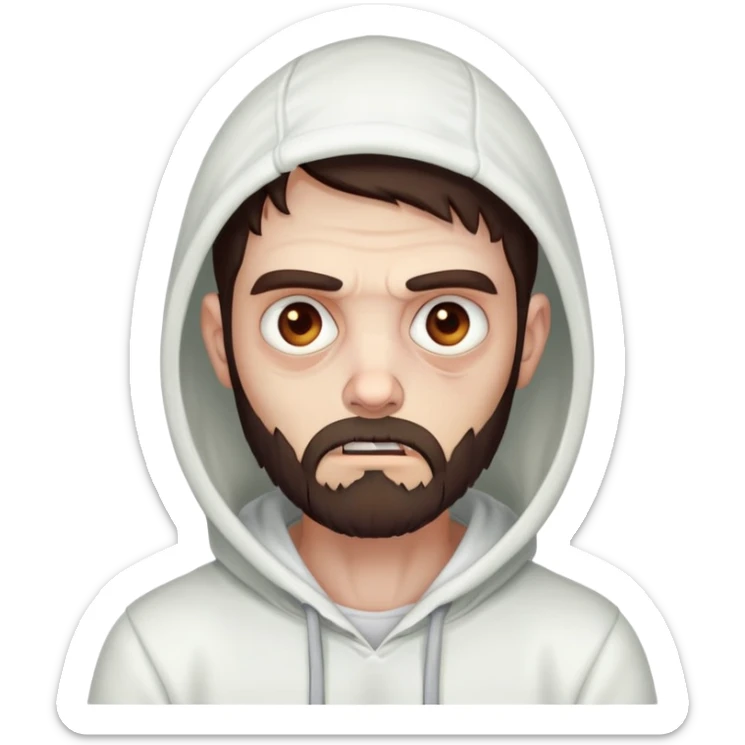 thinking zombie wearing white hoodie, with dark brown hair and short full beard sticker