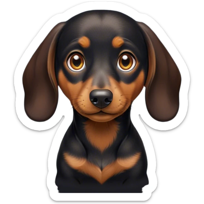 Cinematic Cute black and tan Dachshund Portrait Emoji, Head tilted playfully and inquisitively, featuring a glossy black and tan coat with a sleek sheen, round, sparkling brown eyes filled with curiosity, Simplified yet irresistibly adorable features, highly detailed, glowing with a warm, friendly glow, high shine, affectionate and spirited, stylized with a touch of whimsy, bright and endearing, soft glowing outline, capturing the essence of a mischievous yet loving pup, so playful it feels like it could dash out of the screen and into your arms! sticker