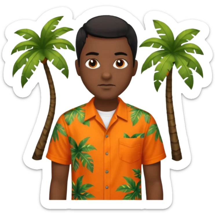 create an emoji of a man in mamma Mia but with very short black hair, dark skin, dark brown eyes and an orange and tropical shirt with short sleeves sticker