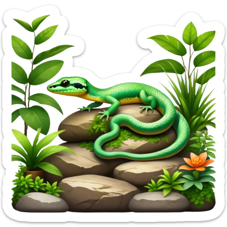 Close-up of a vibrant gecko and a snake coiled on rocks, surrounded by lush greenery and terrarium plants. Soft natural lighting enhances the textures and colors of their scales. Transparent background, with a focus on the reptilian details. sticker