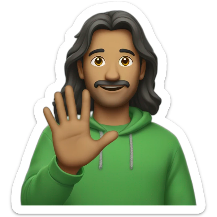 an indian man wearing a green sweatshirt, long hair down to chest, no beard or mustache, waving goodbye, close up sticker