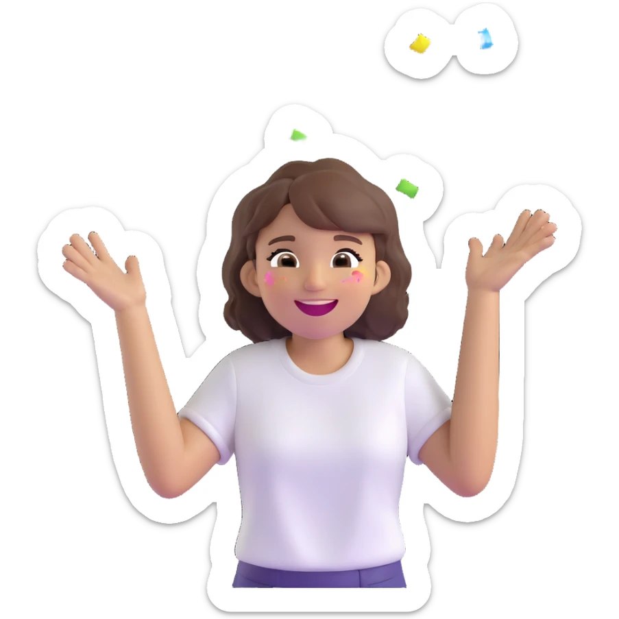 3D emoji style character with short tousled brown hair, light skin, white shirt, festive party vibe, throwing confetti, laughing, wearing colorful party accessory, fiestero emoji sticker
