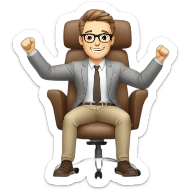 Joyful Celebrating victory Hands up Pale skinned Fit Man With dark brown hair in gray jacket, beige office shirt, Brown pants and vintage glasses sitting In a soft chair sticker