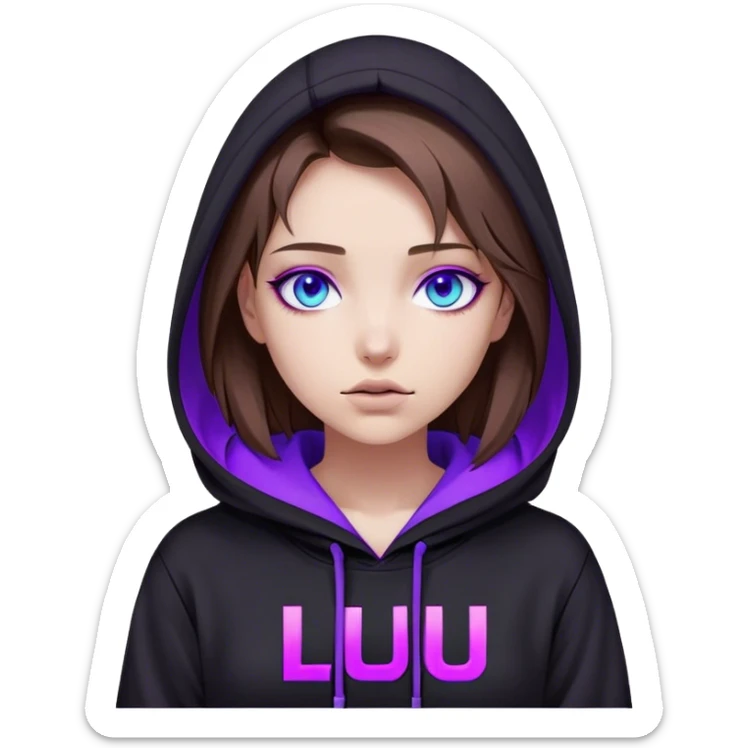 girl brown hair blue eyes wearing black hoody with violet letters "Lu" in the hood without a face. Cyberpunk style. Violet neon. sticker