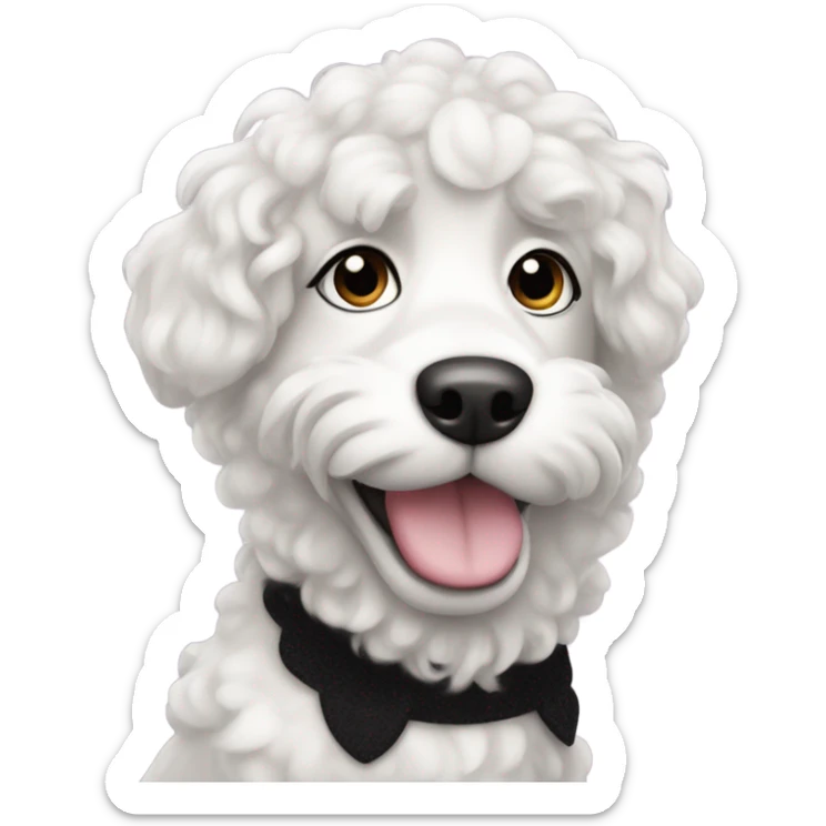 Coquette dog with curly black fur and a white fur spot under her chin sticker