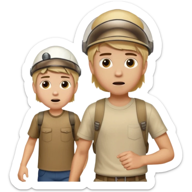 A boy with long blonde hair who is scared and being chased by tall boy with brown short hair who is wearing visors sticker