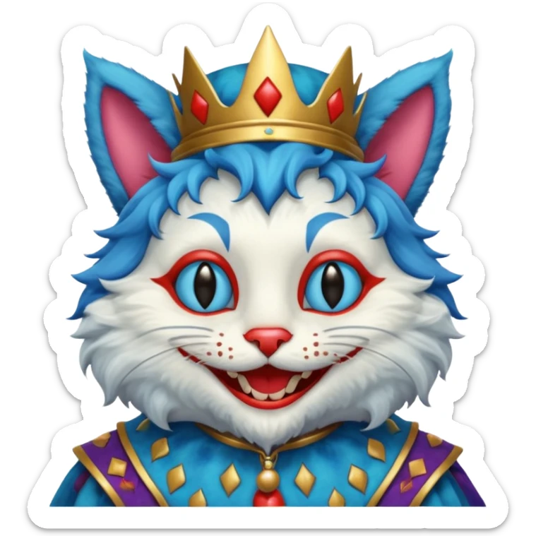 crazy colorful cute little cat jolly joker from poker, medieval, vintage, court jester, mac os squared icon, blue color sticker