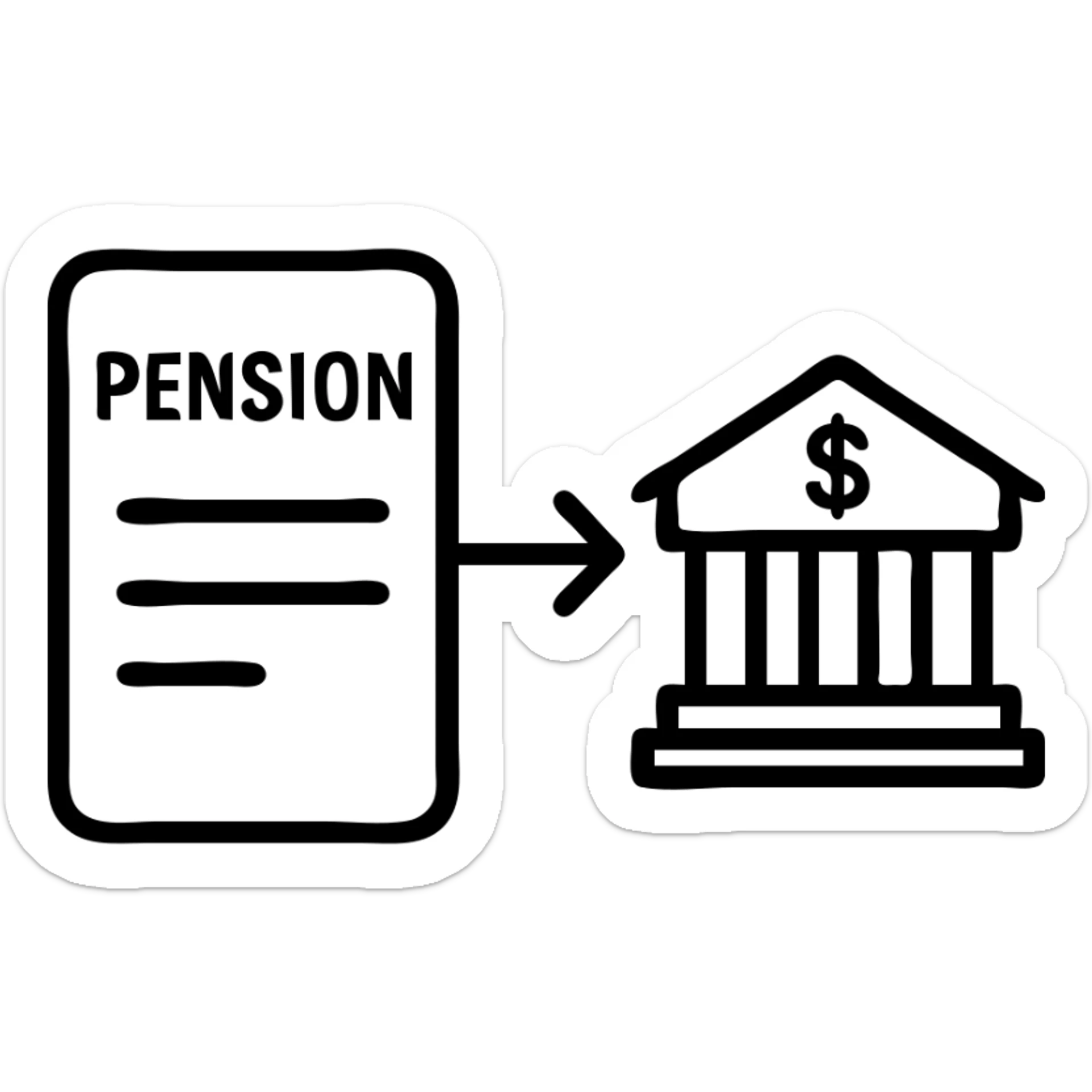 A simple, clean icon of a pension document with an arrow pointing to a bank logo, emphasizing the straightforward process of pension transfer, in a minimalist and professional style. sticker
