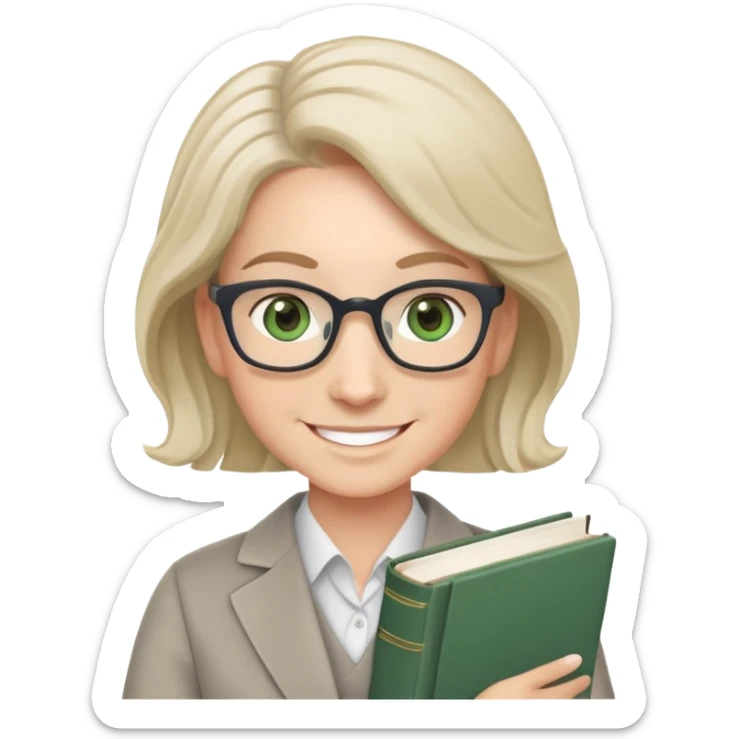 smiling English teacher with airtouch hair and grey-green eyes holding books and teaching materials sticker