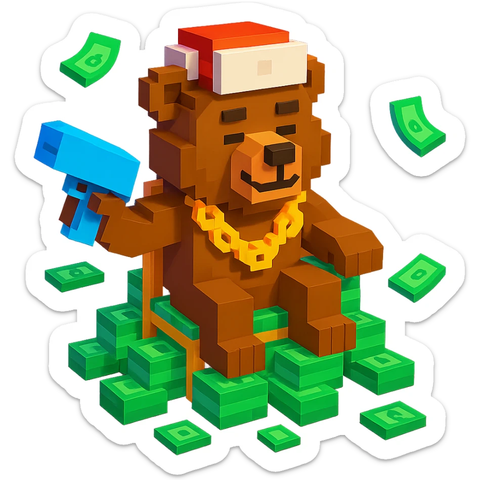 Russian grizzly bear with a rapper chain and a money gun, sitting on a throne of cash, in a nightclub setting sticker