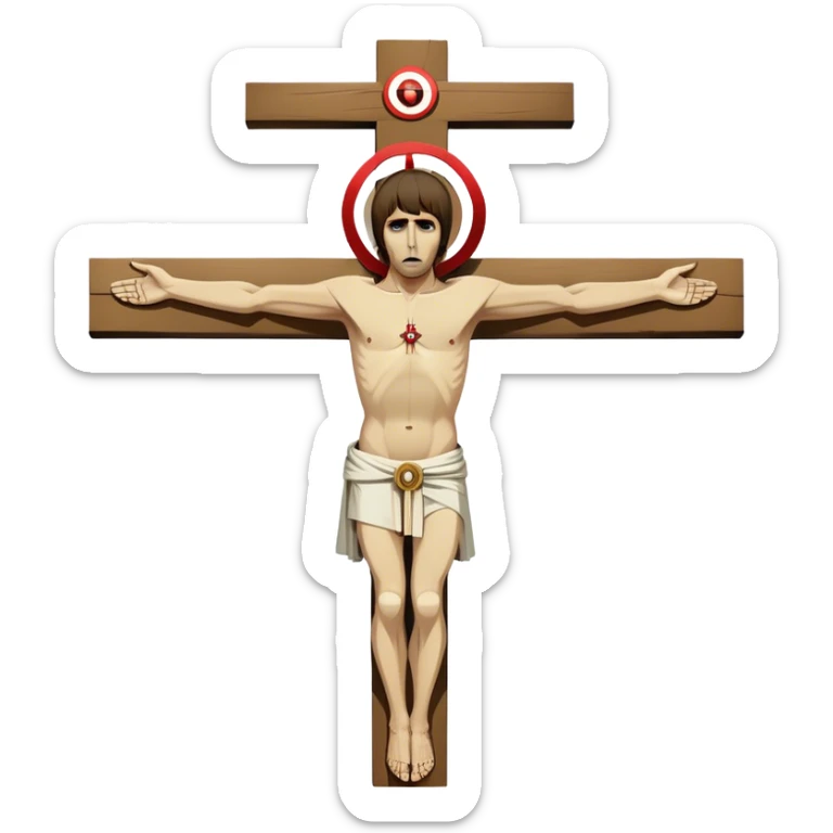 Crucified Liam Gallagher in the style of Jesus full body on cross with mod target on his robes sticker