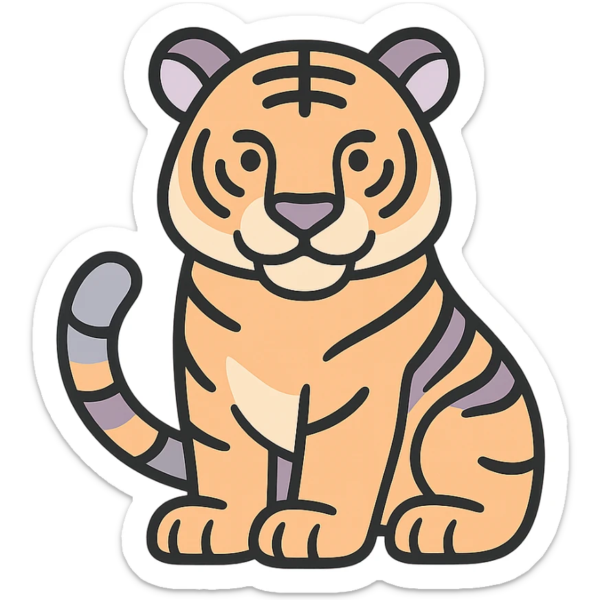 tiger, symbol of the year in feng shui, Chinese eastern style, thin clean contours, soft rounded shapes, pastel palette #98B5BC, #B5B3C1, #C9A3C9, #E4C0CA, #F7DCD1, #F7C0AA, detailed shadows and highlights, soft lighting, transparent background, less cute, no decorative elements sticker