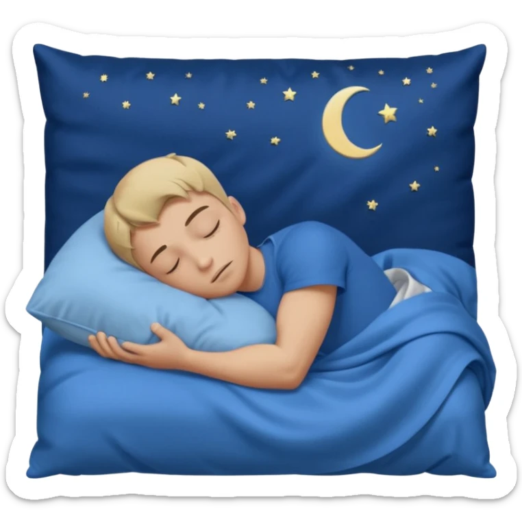 “A young muscular male with short dark-blonde hair and medium-light skin, wearing blue cloth. He sleeps on his side, holding a soft white pillow, his head on a smooth blue pillow. A sleeping symbol floats above him in the dark, nighttime scene. A flowing blue blanket with silky folds covers him. sticker