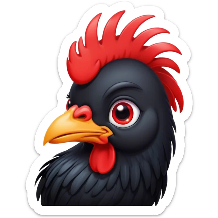 Cinematic Cute Black Rooster Portrait Emoji, Head tilted playfully and inquisitively, featuring a glossy, immaculate black plumage with a vibrant red comb, round, sparkling eyes filled with curiosity, Simplified yet irresistibly adorable features, highly detailed, glowing with a warm, friendly glow, high shine, affectionate and spirited, stylized with a touch of farmyard whimsy, bright and endearing, soft glowing outline, capturing the essence of a mischievous yet loving rooster, so playful it feels like it could strut out of the screen and into your arms! sticker