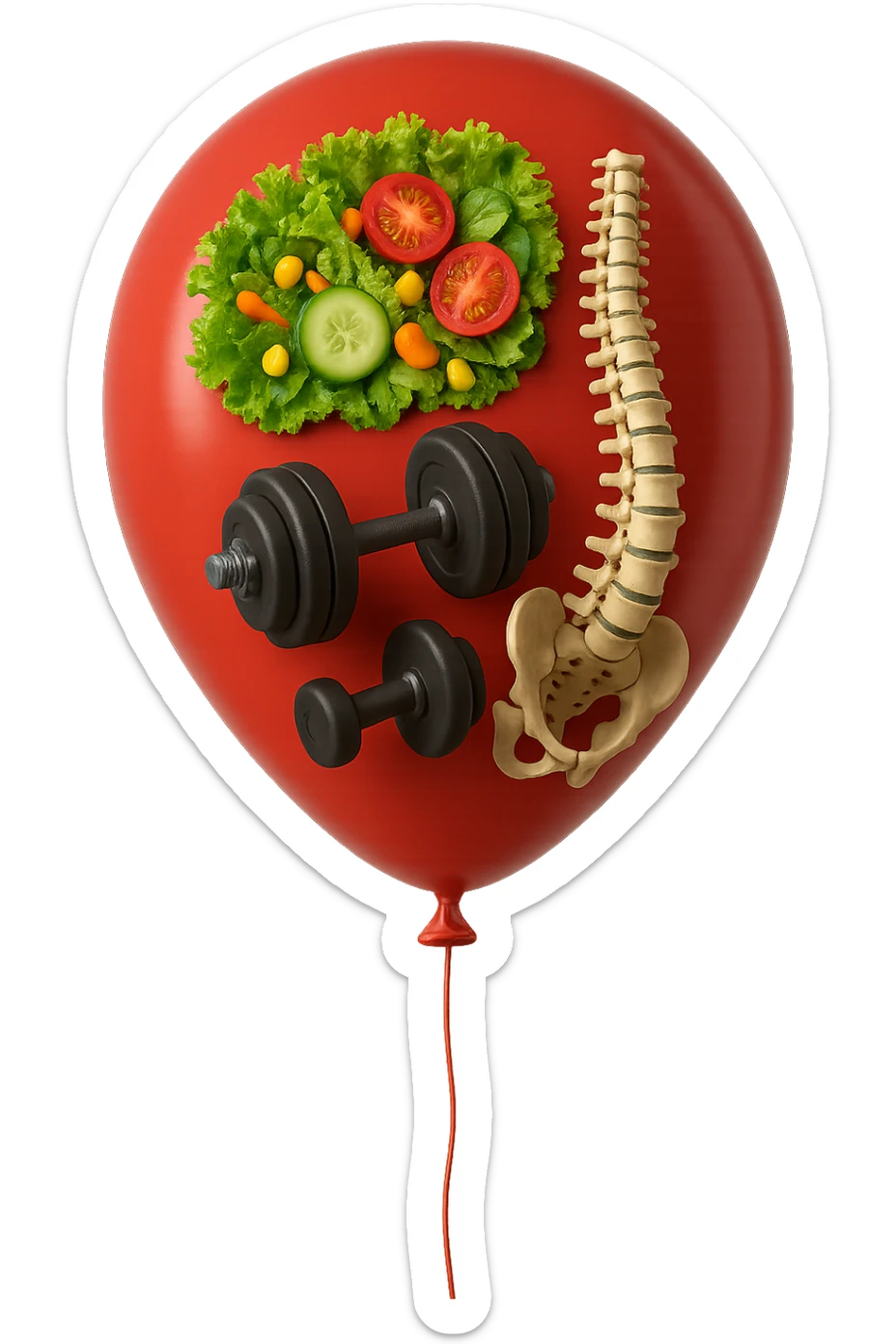 palloncino rosso con all'interno insalata, manubri da palestra e una spina dorsale anatomica realistica in 3d, isolato su sfondo bianco sticker