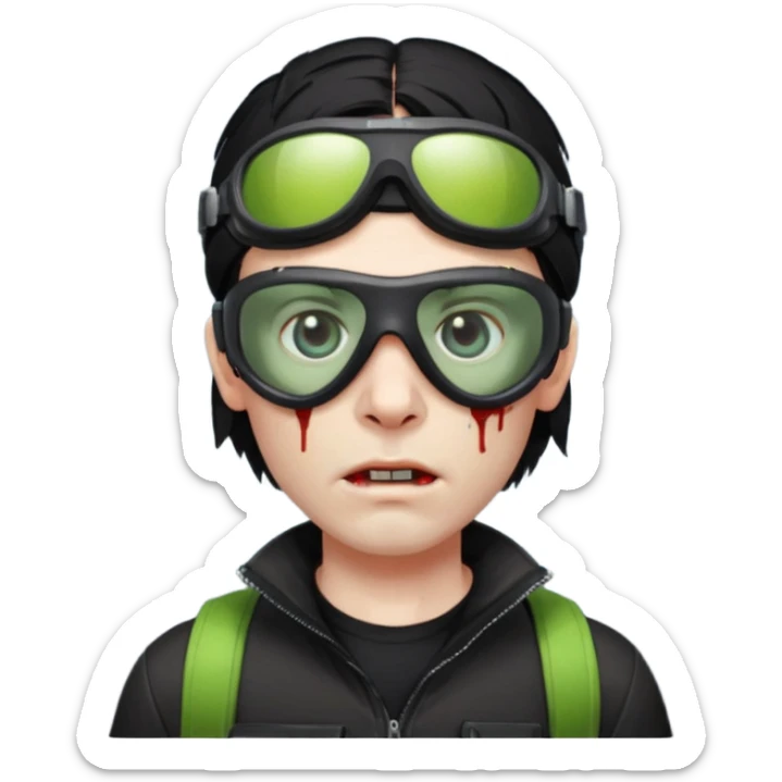Zombie Emoji AppleIOS Style, lowfade Black Hair, Ski Goggles on right slide of The Head, and Black T-shirt sticker