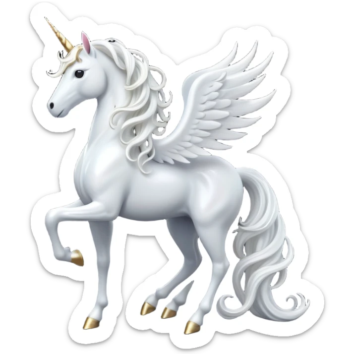 cinematic-beautiful-white-unicorn-full body-emoji,-poised-and-regal,-with-a-slender,-ethereal-form-draped-in-a-pristine-white-color,-a-flowing-mane-and-tail,-and-a-glistening,-spiraled-horn-that-radiates-pure-light,-simplified-yet-sharp-and-majestic, zoomed out to show a majestic unicorn sticker