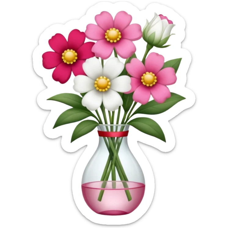 One pink flower and one white flower in transparent bouquet with red band  sticker