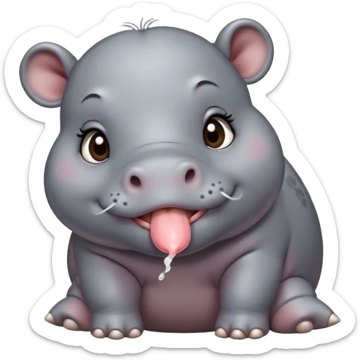 A cute little realistic contented hippo with brown/black eyes and gray skin tone blows a kiss sticker